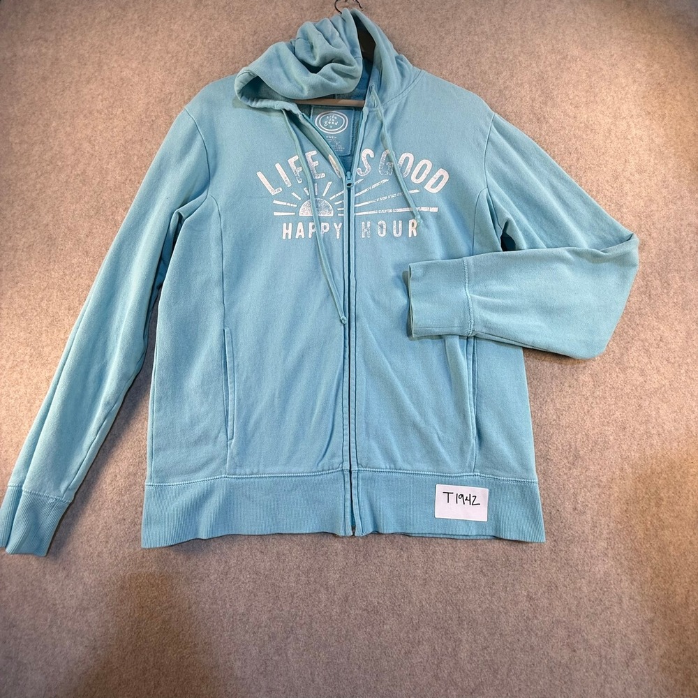 Life is Good‎ Happy Hour Full Zip Hoodie Light Blue Sun Graphic Womens Medium